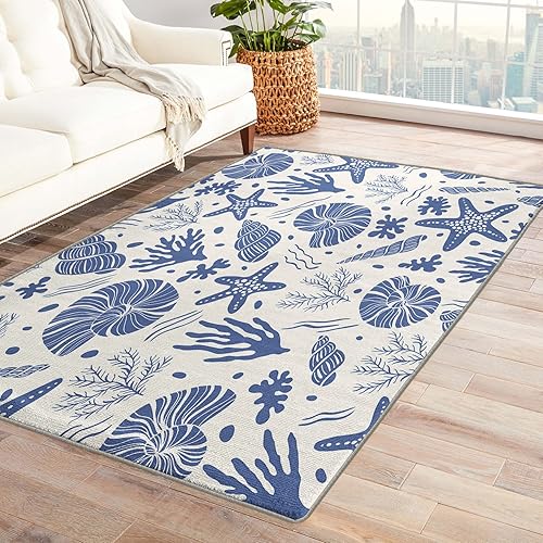 Miniatura 20 de Alfombras lavables para entrada, sala de estar, dormitorio, alfombra temática de playa y decoración del hogar, alfombra de área de conchas marinas