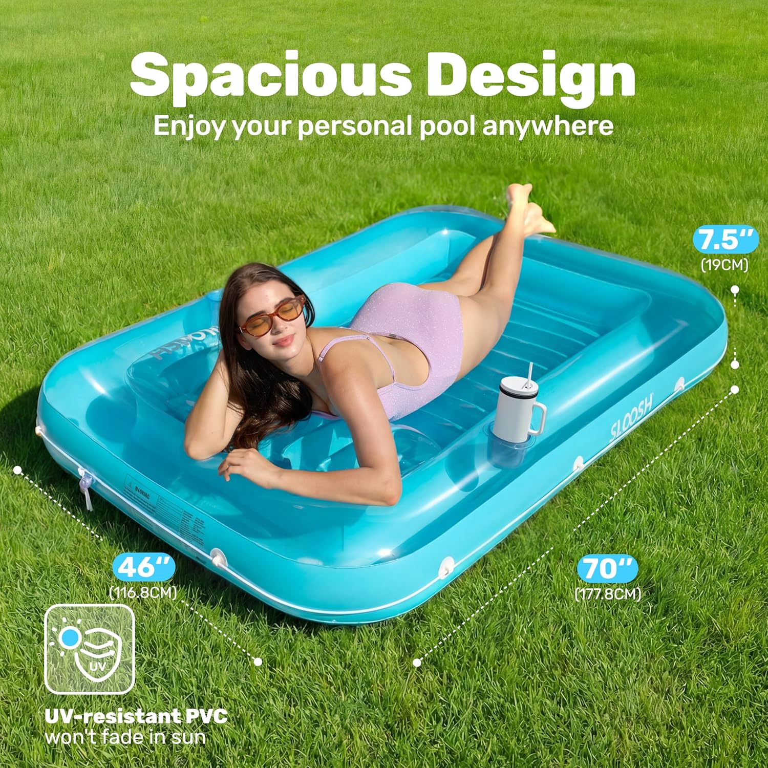SLOOSH Inflatable Tanning Pool Lounger Float, 70" x 46" Pool Floats Adult with Pillow, 4 in 1 Suntan Tub Raft Floatie,Sunbathing Bed Lounge for Water Blow Up Kids Ball Pit Party Gifts, L-Blue