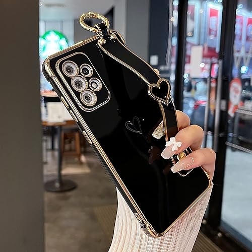 ZTOFERA Funda diseñada para Galaxy A52A52S 5G con pulsera, borde chapado, patrón de corazones de amor, correa de mano, soporte para dedos, funda