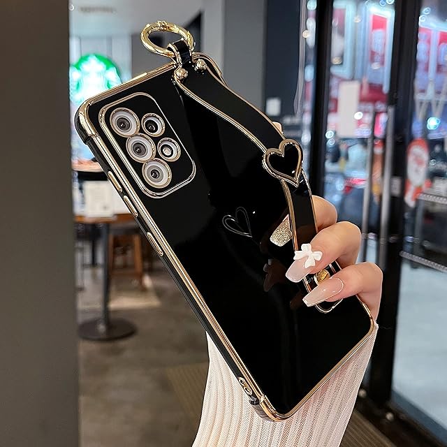 ZTOFERA Compatible with Samsung Galaxy A52 / A52s 5G Case with Wrist Strap, Flexible Silicone Phone Case with Cute Heart Pattern Hand Strap Finger Holder Stand Wristband Shockproof Cover, Black