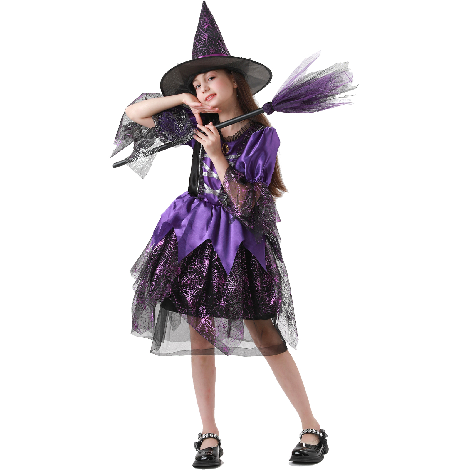 Costume De Sorcière Pour Enfant – Robe Tutu, Chapeau, Baguette, Violet, Idéal Halloween Et Carnaval