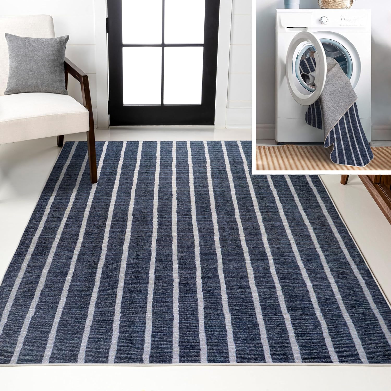 JONATHAN Y Machine Washable Navy/Gray Indoor Area Rug 9X12 ft, Rand Distressed Ticking Stripe for Living Room, Bedroom, Kitchen, Office, Easy-Cleaning, Pet-Friendly, Non-Shedding WSH119A-9