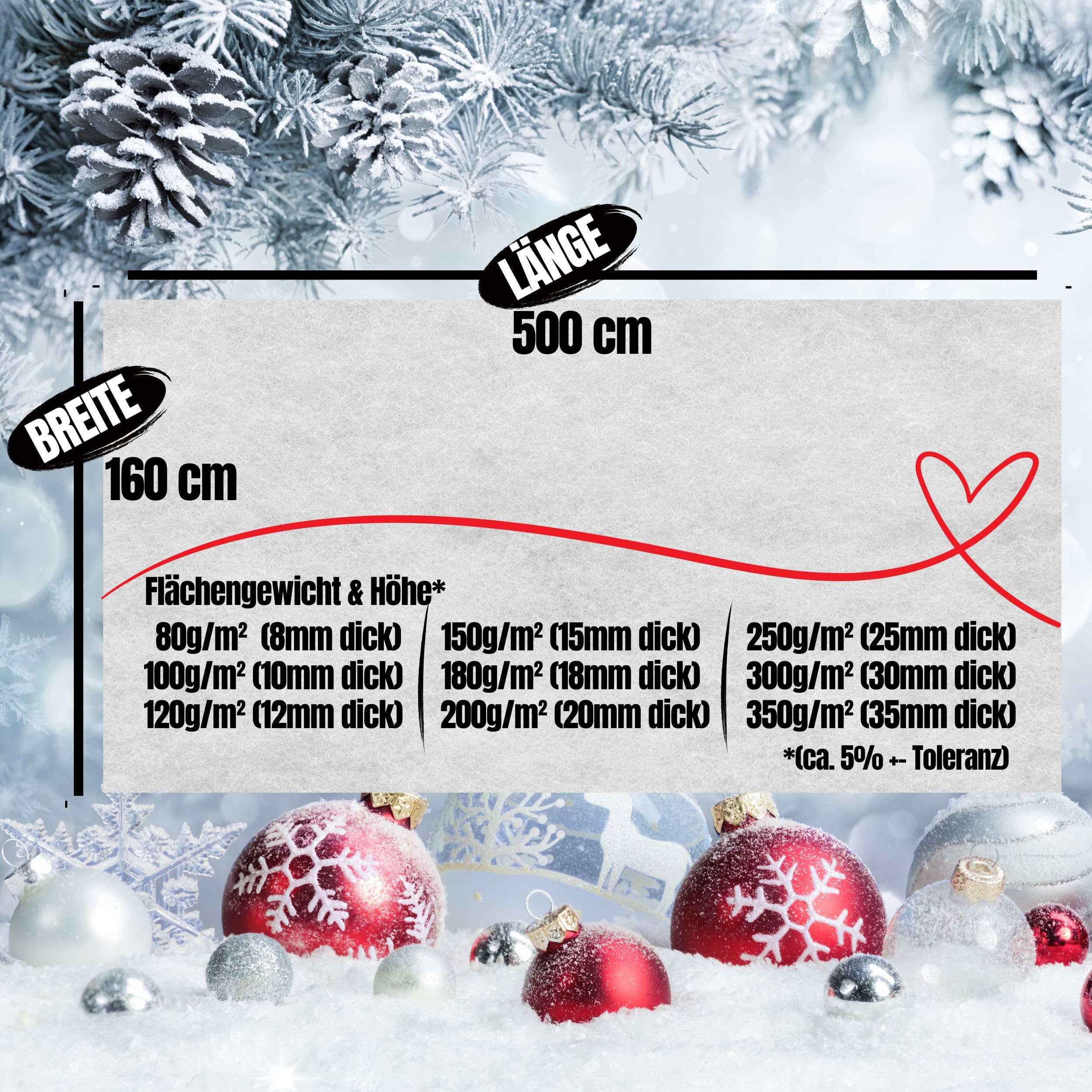 Schneedecke 160x500cm (BxL) - Kunstschnee Deko Schneematte Künstliche Schneewatte Rolle - 5m länge (18mm dick) 180g/m² flächengewicht