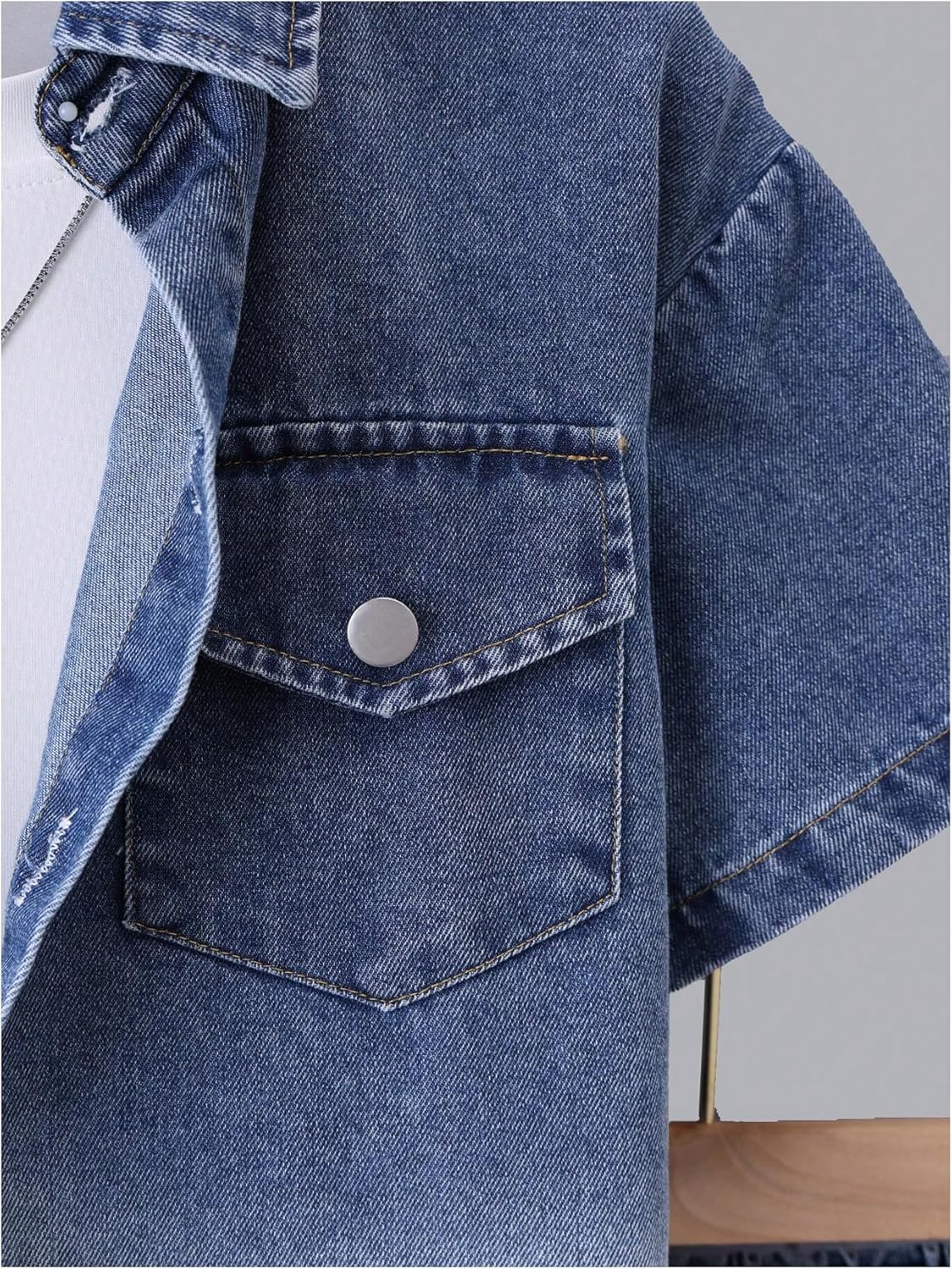 MakeMeChic Boy's 2 Piece Denim Outfits Collared Short Sleeve Button Down Shirt and Wide Leg Jorts Sets