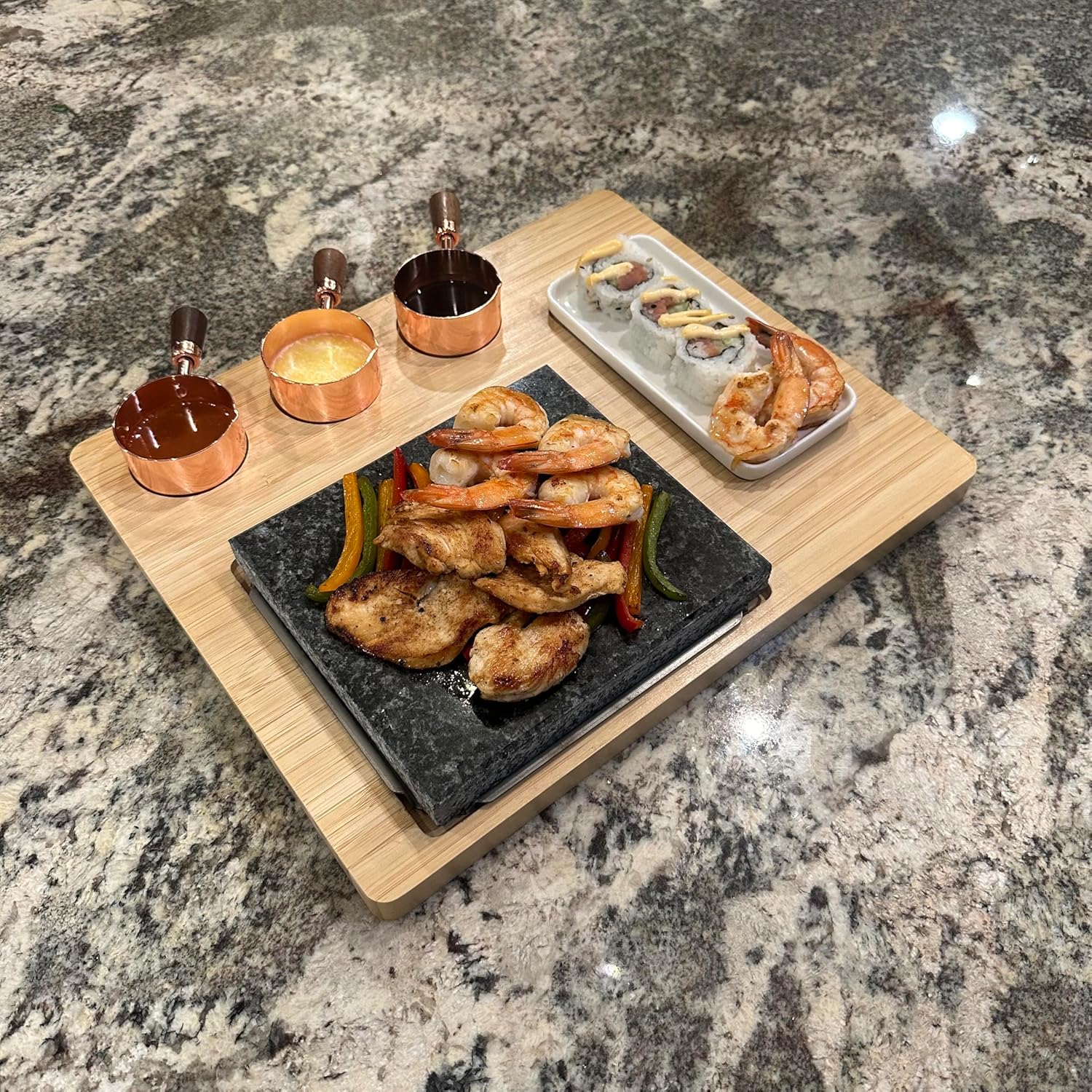Natural Light Granite Stone Cooking Slab for Steak, BBQ & Hibachi, Bamboo Stone Griddle Set for Indoor Cooking