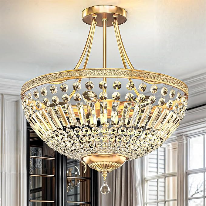 DWVO Crystal Gold Ceiling Light, 20in Modern Vintage Crystal Chandelier, 5-Light Semi Chandelier Close to Ceiling Light Fixture for Living Room Kitchen Entryway Bedroom Dining Room - E12 Base