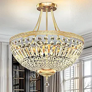 DWVO Crystal Gold Ceiling Light, 20in Modern Vintage Crystal Chandelier, 5-Light Semi Chandelier Close to Ceiling Light Fixture for Living Room Kitchen Entryway Bedroom Dining Room - E12 Base