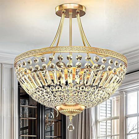 DWVO Crystal Gold Ceiling Light, 20in Modern Vintage Crystal Chandelier, 5-Light Semi Chandelier Close to Ceiling Light Fixture for Living Room Kitchen Entryway Bedroom Dining Room - E12 Base