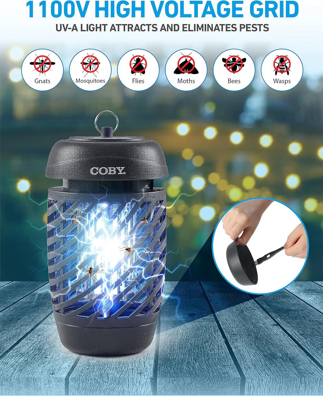 Coby Bug Zapper with an 1100V high voltage grid, showing various insects like gnats, mosquitoes, flies, moths, bees, and wasps being eliminated.