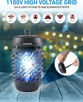 Coby Bug Zapper for Outdoor & Indoor, 10W, Covers 800 Sq. Feet, Non-Toxic, Chemical-Free, Black (CBZ1J6)