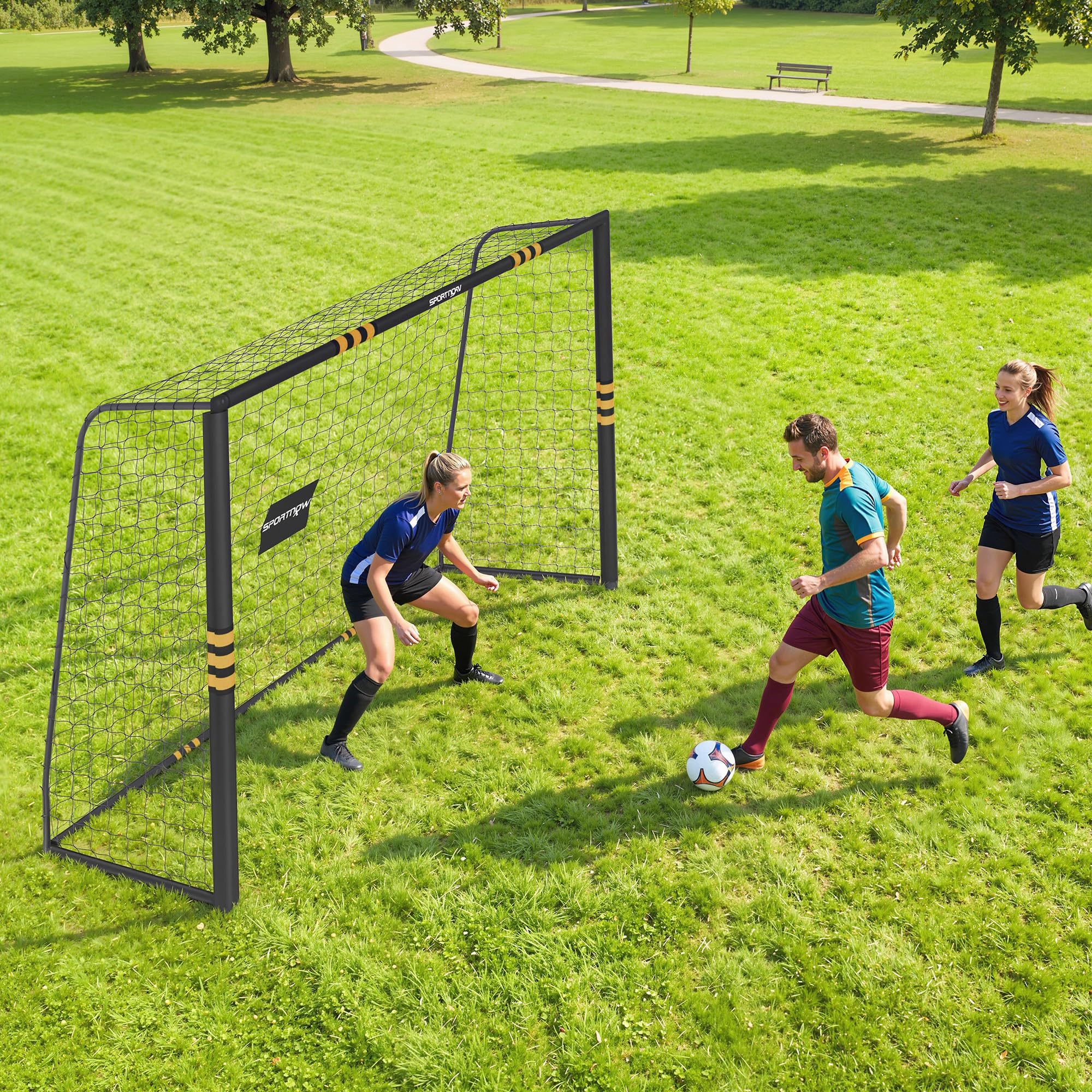 SPORTNOW Portería de Fútbol, con Red 300x120x200 cm Negro y Amarillo | Portería de Fútbol para Jardín, Piquetas de Suelo, Acolchado EPE, Estructura Metálica, Montaje Fácil, Interior y Exterior