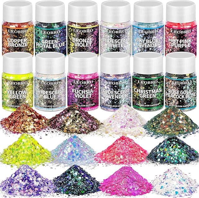 Chunky Glitter, LEOBRO 12 Color Holographic Chameleon Craft Glitter for Resin Art Crafts, Festival Cosmetic Glitter for Body Nail Face Eye, Resin Glitter Flakes Sequin Sparkle for Jewelry Making