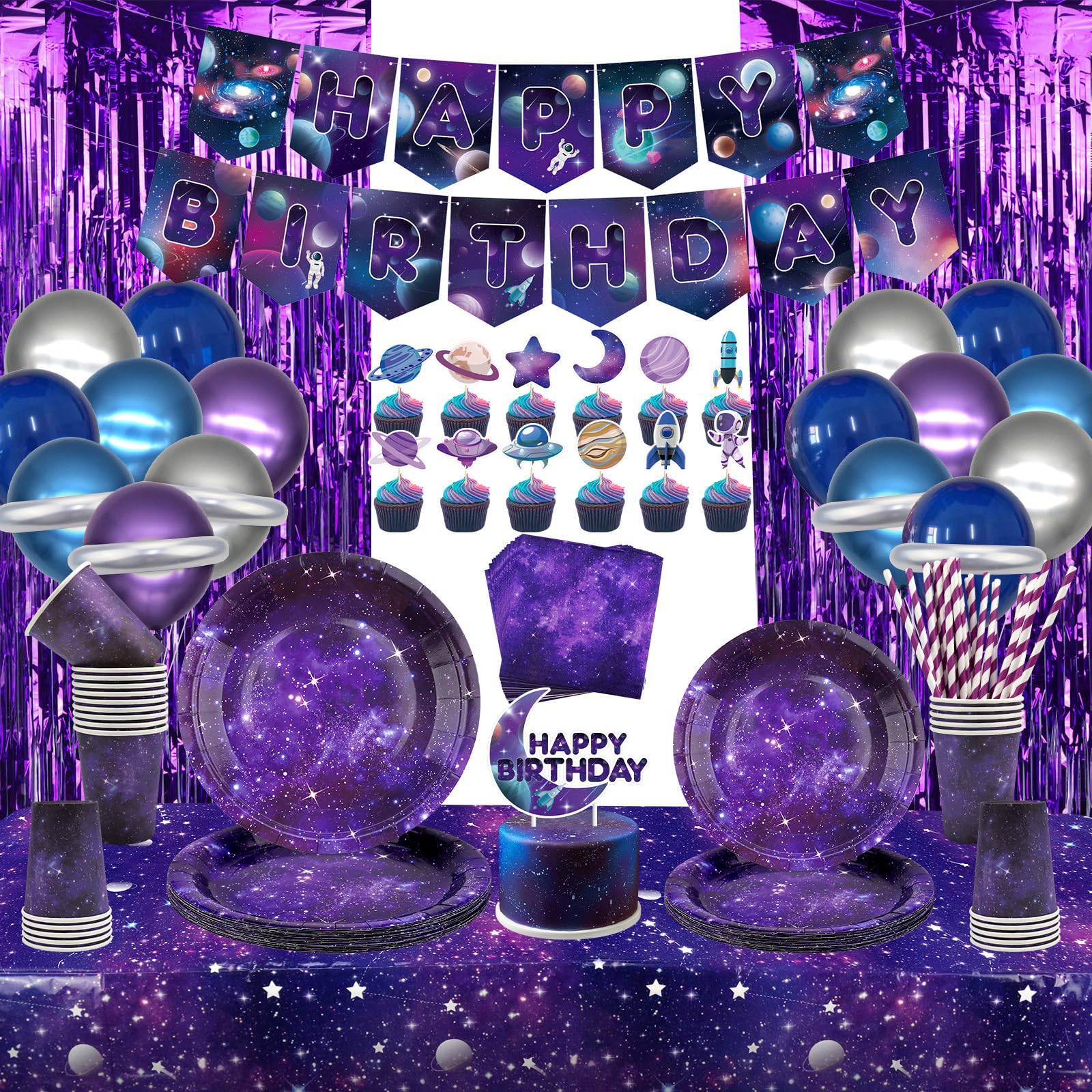 Galaxy Geburtstagsdeko Set – Banner, Ballons, Kuchen-Topper Für Weltraum-Party (Kinder & Erwachsene)