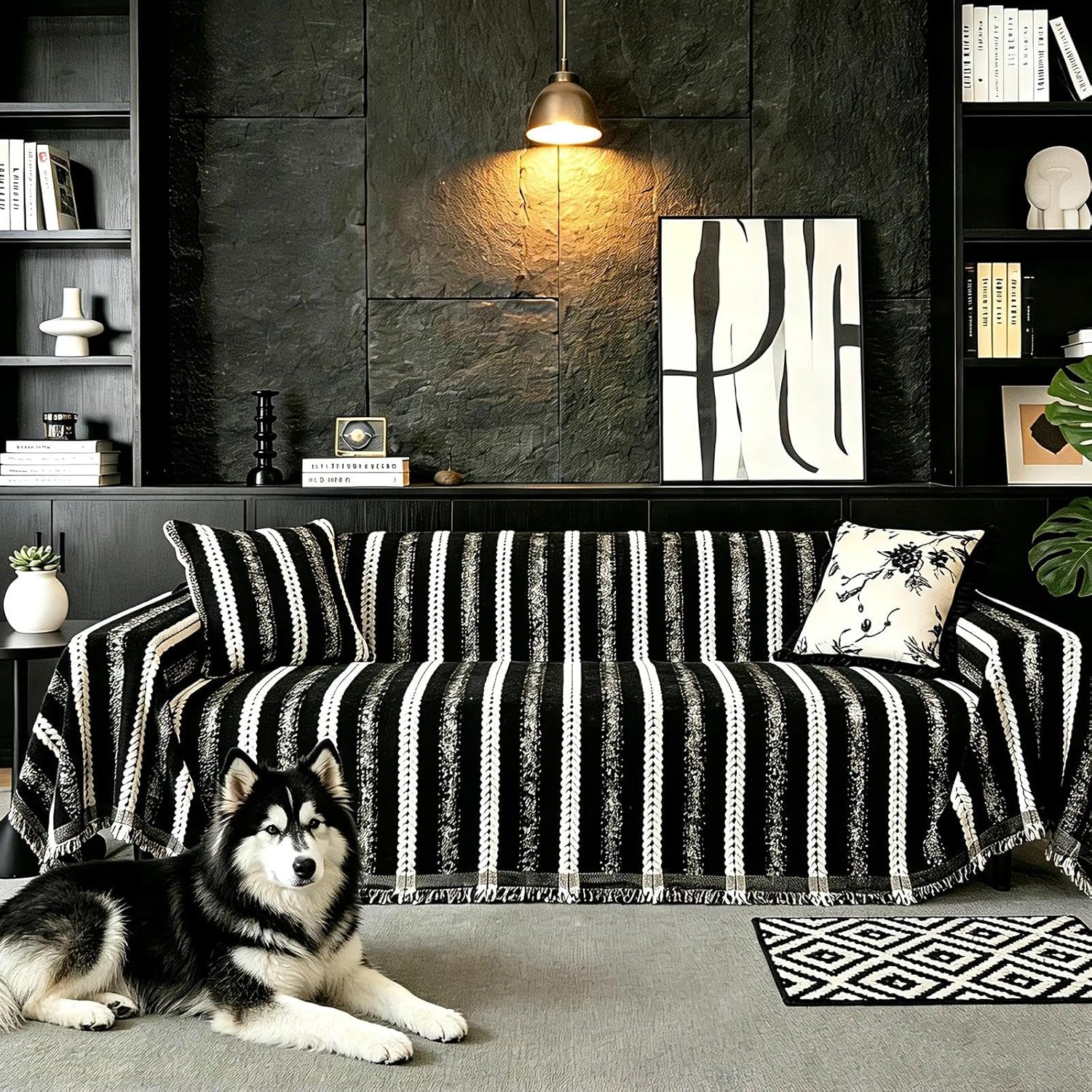 Couch Cover for Dogs, Pet Sofa Protector Washable, Non Slip Boho 3 Cushion Couch Furniture Covers for Pets Kids Living Room (Black, 71" x 118")