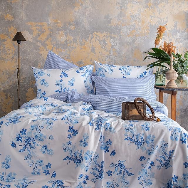 LERUUM King Size Bedding Cotton Duvet Cover Set Blue Floral Striped Reversible Pattern Quilt Cover Set (King Size Blue)