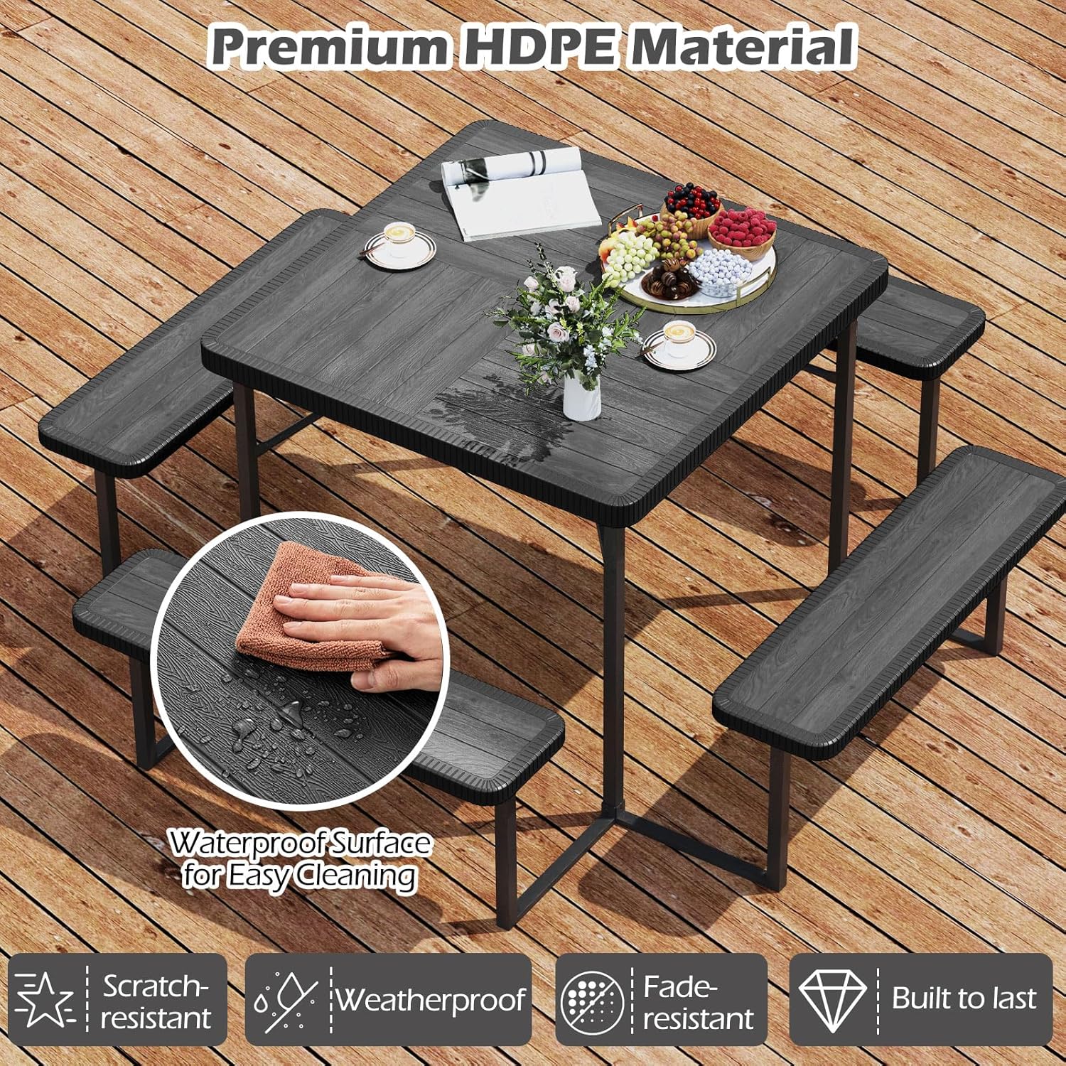 LDAILY 8 Person Picnic Tables with Benches, Square Camping Table Set for Outside with Umbrella Hole, HDPE Tabletop, Metal Frame, Heavy Duty Picnic Table for Outdoors, Patio, Lawn, Commercial (Black)
