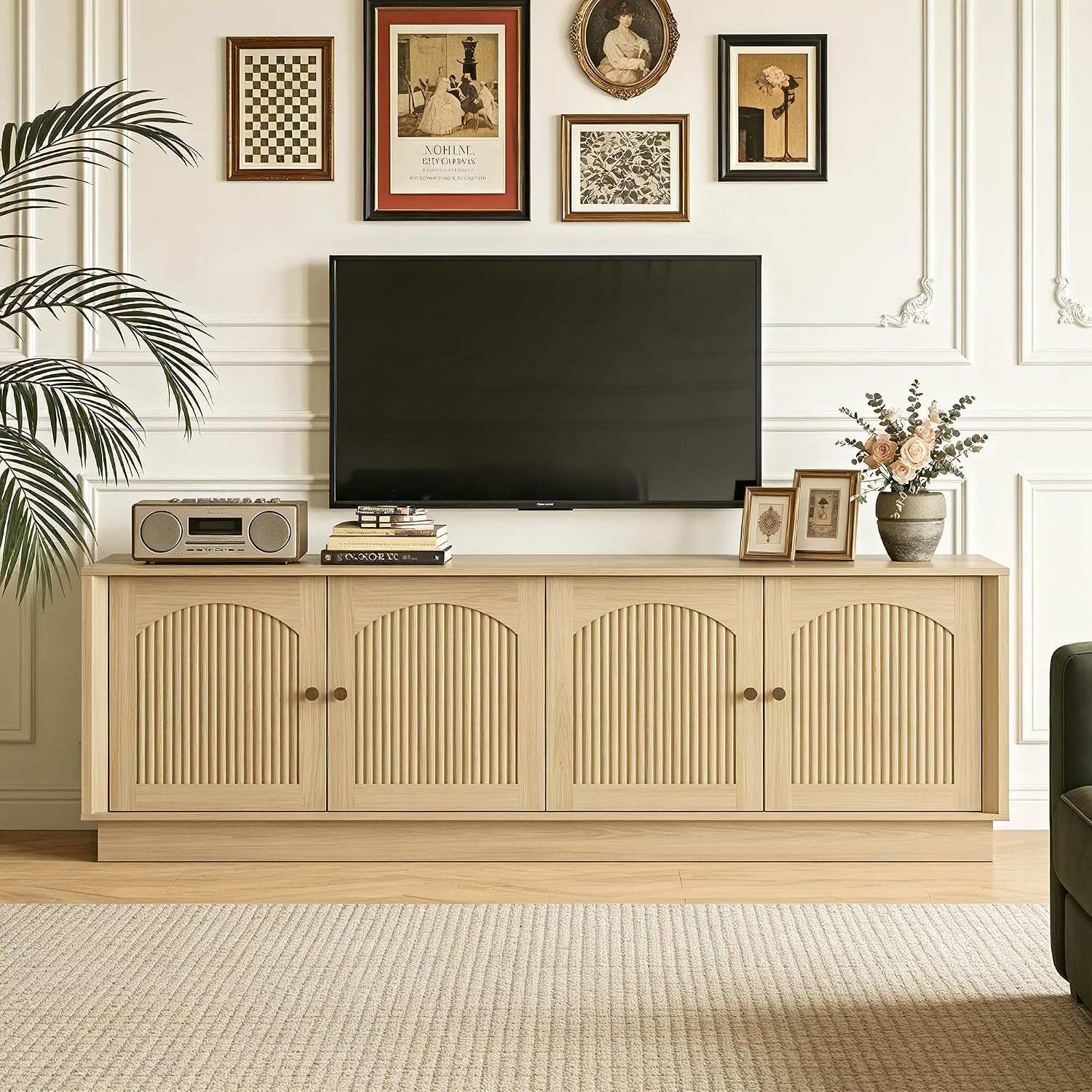 MAGIC UNION 67" Mid Century Modern TV Stand for Living Room, Wood Entertainment Center with Storage for TVs up to 75", Media Console with Arched Fluted Doors & Adjustable Shelves, Natural Oak