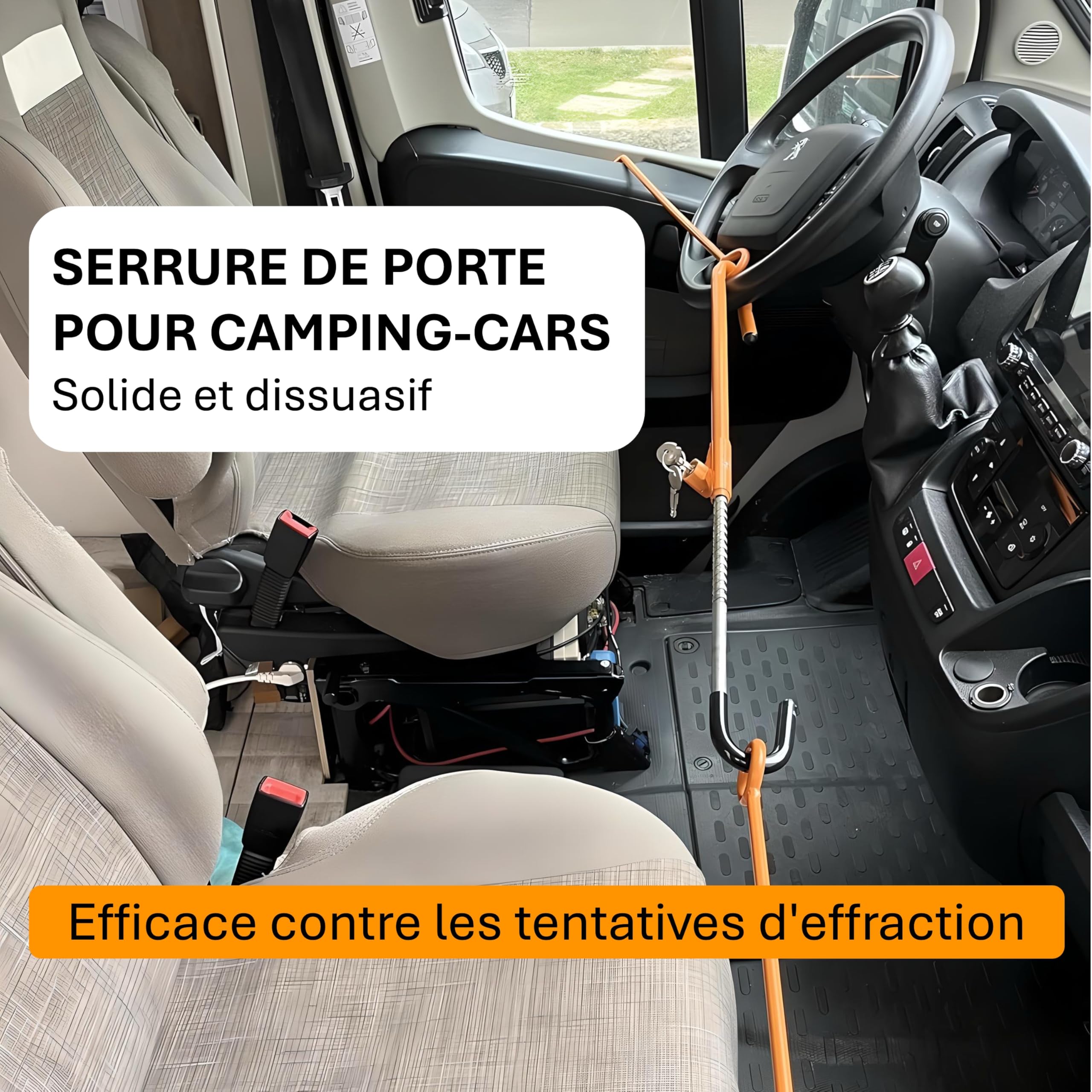 Sécurité de porte pour camping-car avec blocage du volant - Protection anti-effraction en acier pour Fiat Ducato, Jumper, Boxer, VW T5/T6, Sprinter - Envergure 150 à 180 cm avec sac