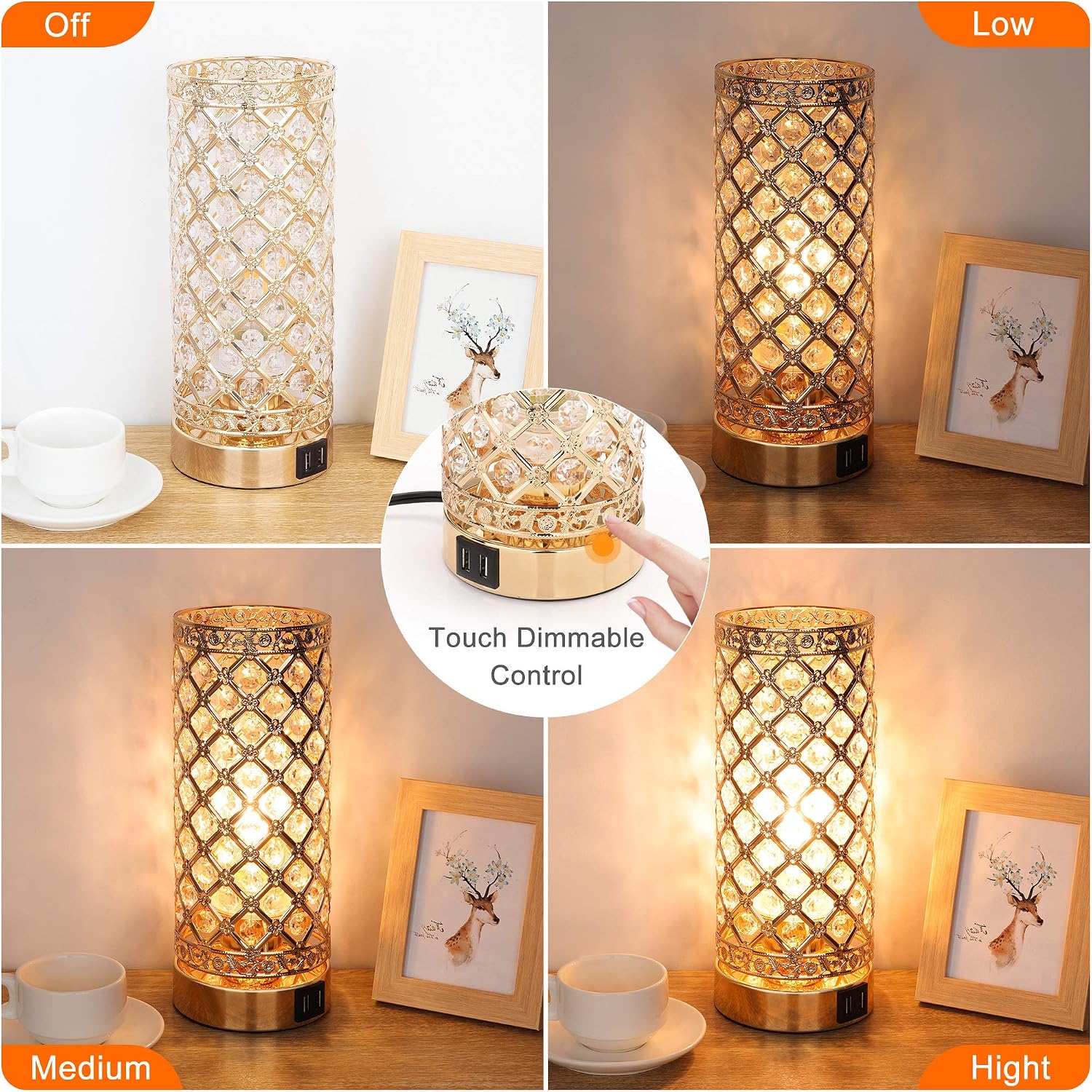 MAXvolador Touch Control Crystal Table Lamp with 2 USB Charging Ports, 3-Way Dimmable Bedside Desk Lamps, Decorative Gold Lampshade, Nightstand Lamp for Bedroom Living Room, T45 E26 LED Bulb Included