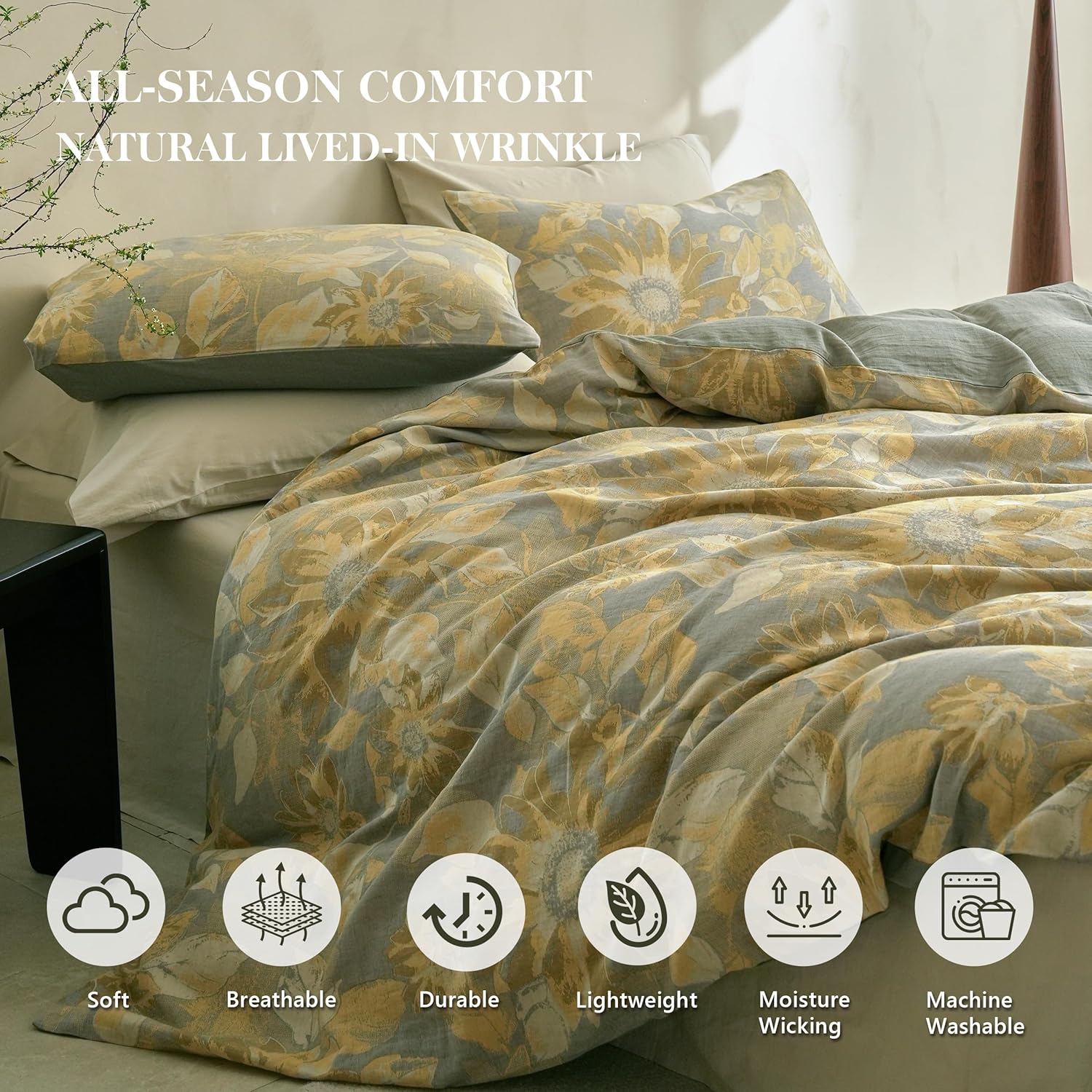 Simple&Opulence Muslin Duvet Cover Set Queen Size, 100% Washed Cotton 3 Pieces Yarn-Dyed Vintage Yellow Floral Jacquard Textured Bedding, Soft & Breathable Gauze Comforter Cover with Zipper Closure