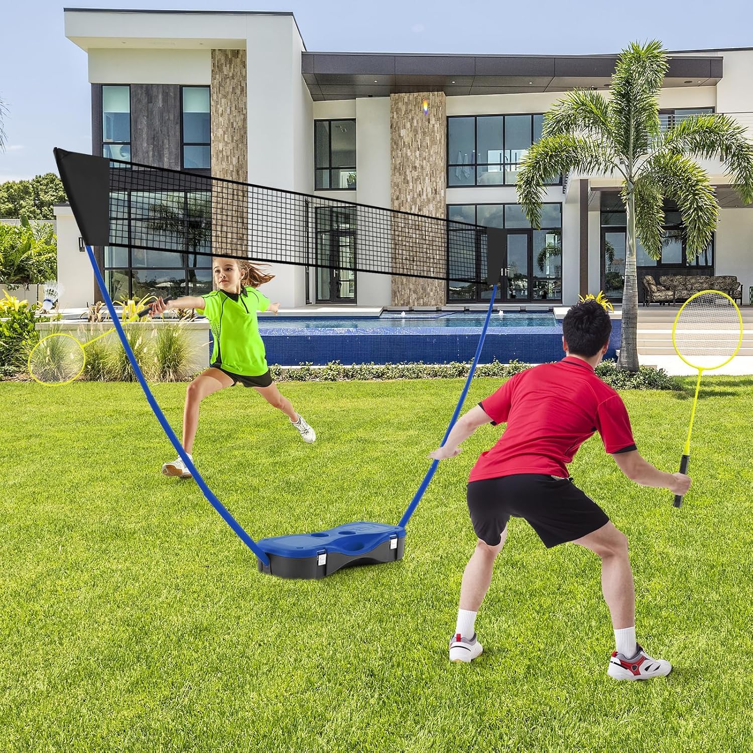 Tragbares Badminton-Set, Faltbares Badmintonnetz | Mit Freistehendem Ständer, 2 Badmintonschlägern, 2 Federbällen, Für Indoor- Und Outdoor-Spiele Blue 270 X 33.5 X 160 cm