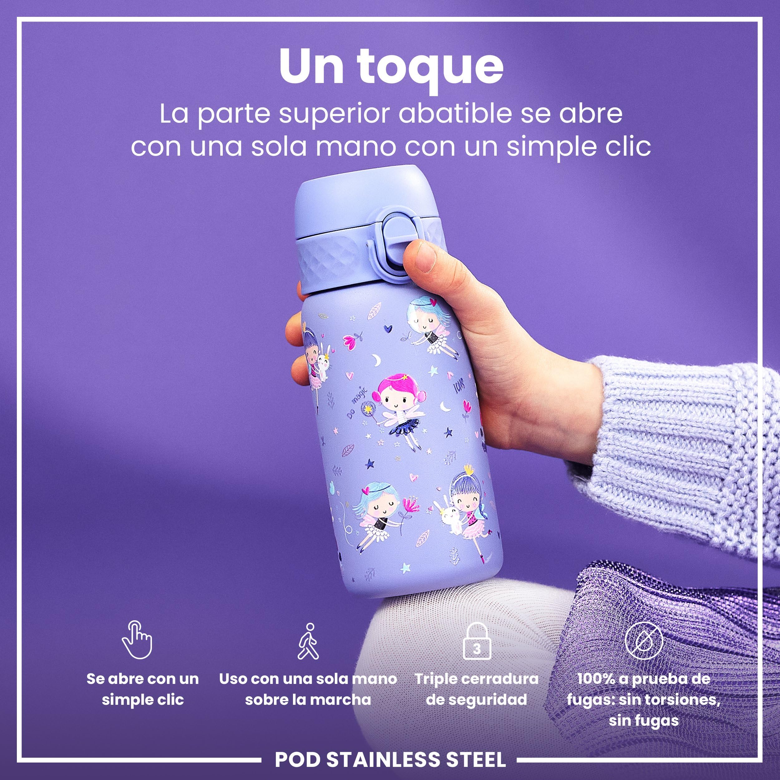 ion8 Botella Agua Inox Ligero para Niños, 400ml, Sin Aislamiento, a Prueba de Fugas, Fácil de Abrir, Cerradura Segura, Apta para Lavavajillas, Tapa Abatible, Fácil de Limpiar, Hadas