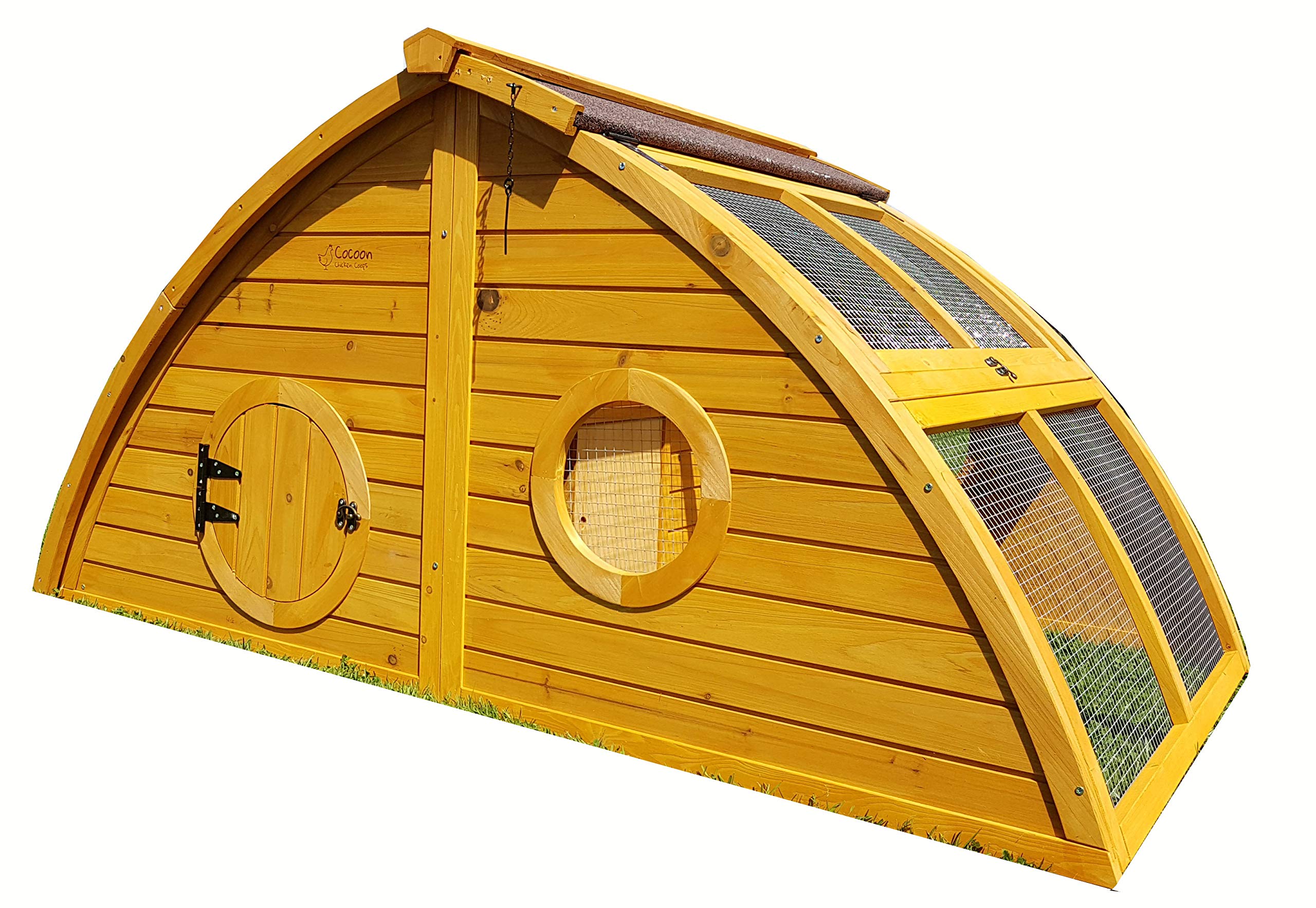 Cocoon Half Moon Chicken Coop with Run – Hobbit-Style Wooden Hen House with Internal Nest Box, Pull-Out Tray, Opening Roof & Secure Night Shutter – Ideal for 2–4 Birds