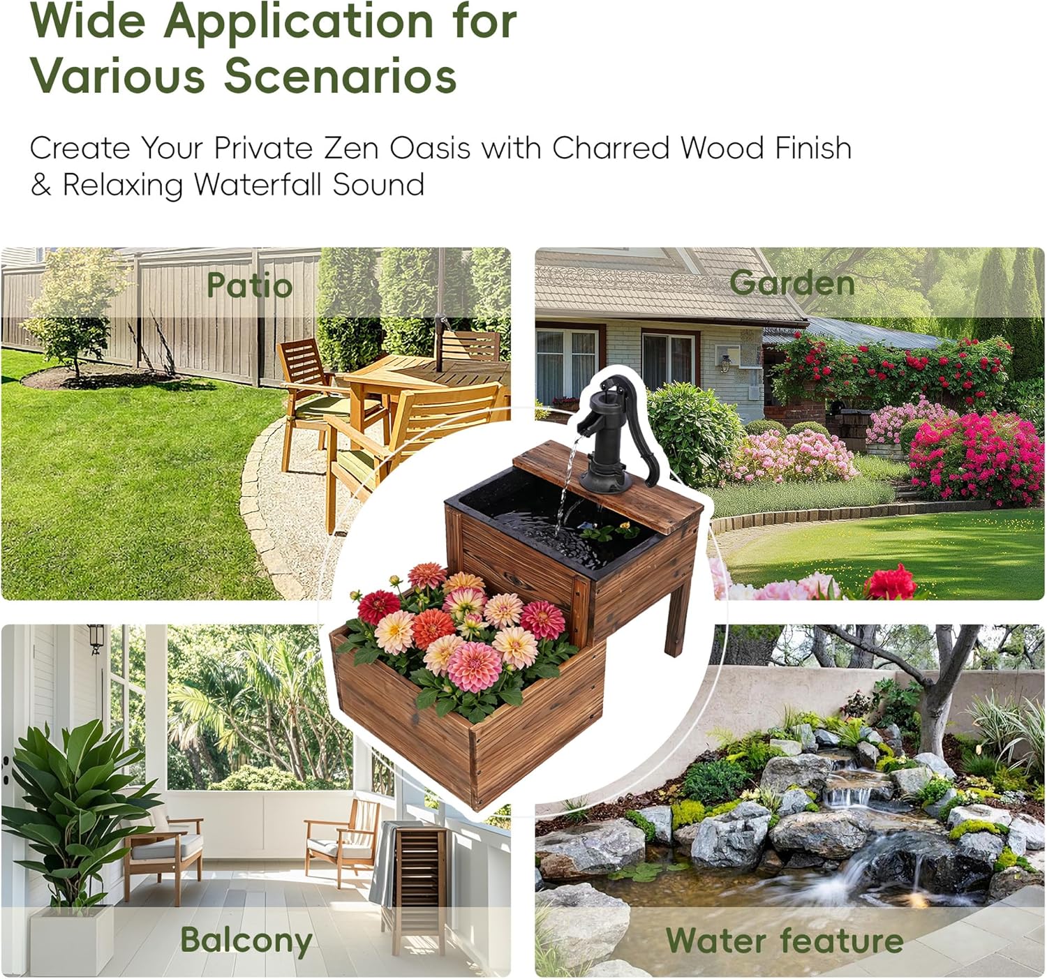 Solar Powered Water Fountain with Planter, 2-Tier Cascading Wooden Garden Fountain for Outdoor, Rustic Wood Barrel Water Feature with Solar Pump for Patio, Backyard, Porch, Yard Decor