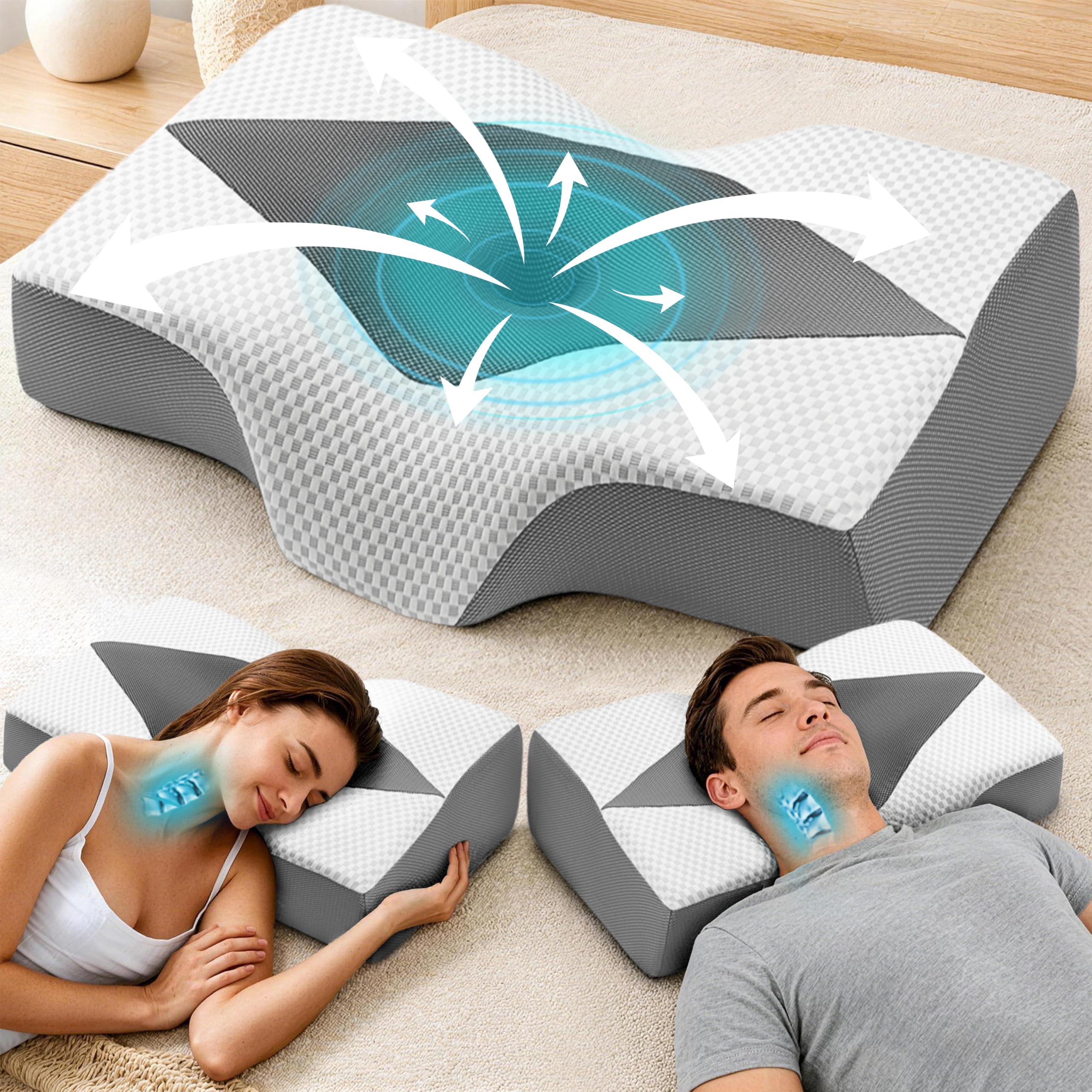 Hypuno Nackenstützkissen, ergonomisches Kopfkissen mit Hohlraum, 2 Höhen und kühlendem Bezug, Memory Foam Nackenkissen für Seiten- und Rückenschläfer, Grau