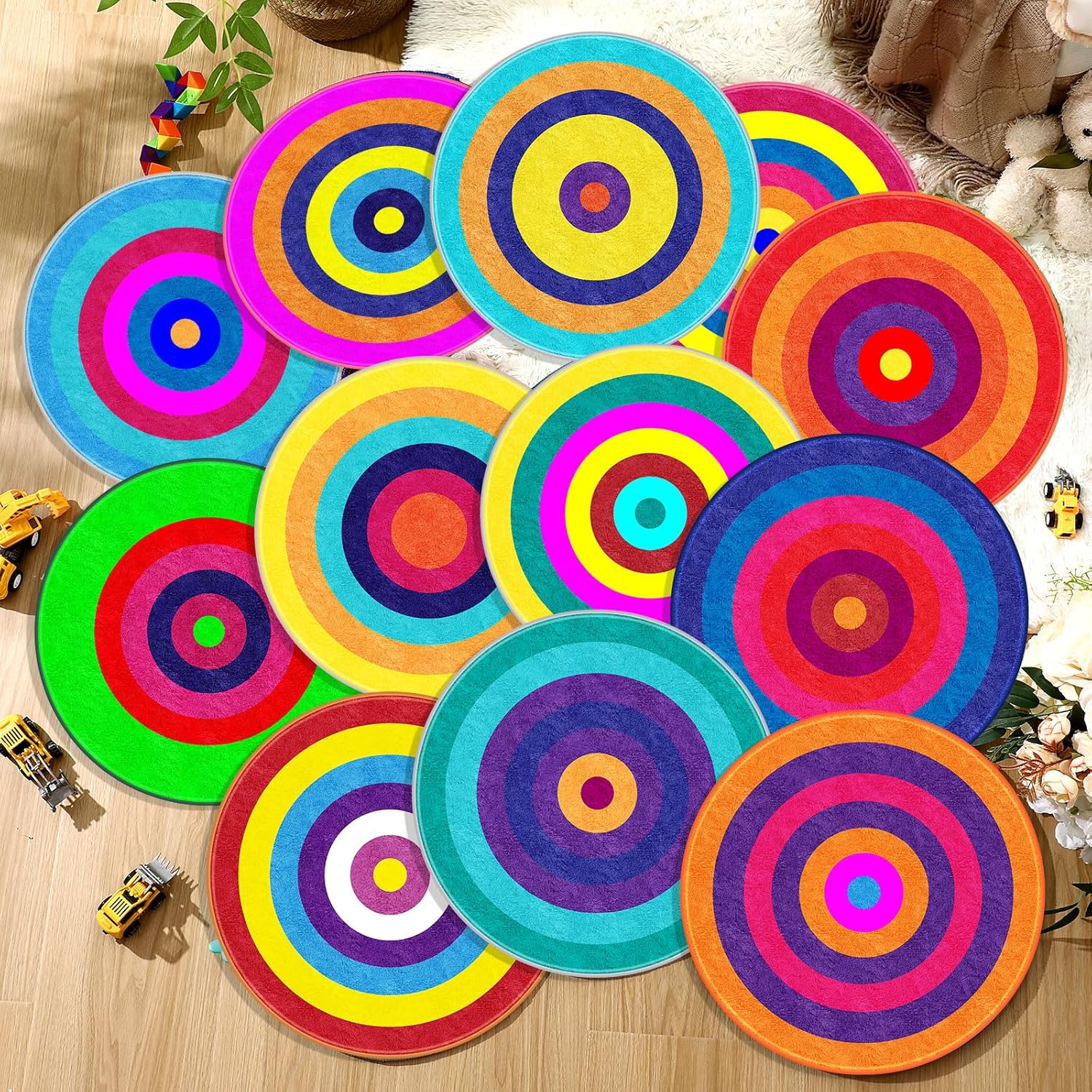 12 Pcs Carpet Circle Seats for Classroom 16" Rainbow Classroom Round Rug Non Slip Colorful Floor Mats Soft Thin Circle Time Mat for School Learning Playing Areas Group Activity Yoga Decor