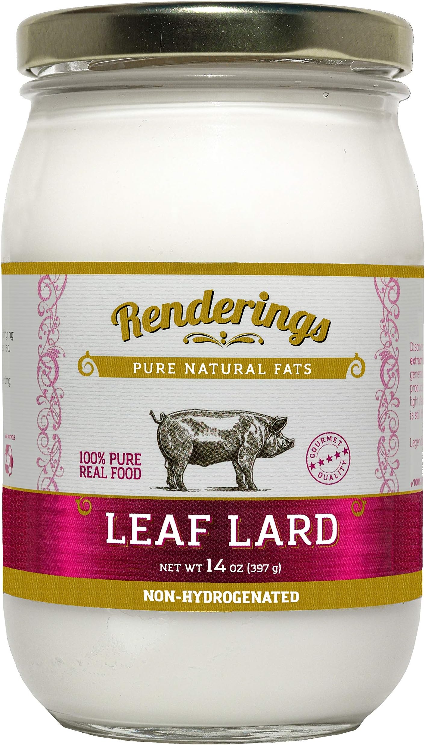 Rendering's Gold Label Leaf Lard, Pasture Raised, Bright White, Neutral Flavor Lard for Baking, Cooking & Frying, 14 oz jar