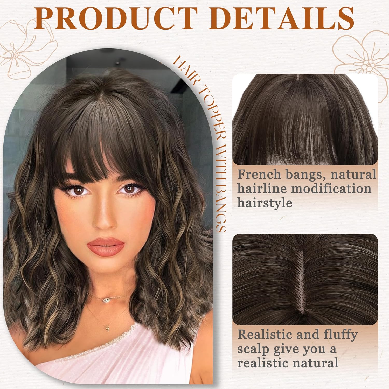 Hair Topper with Bangs 16 Inch Ash Brown with Highlights Synthetic Wavy Hair Toppers for Women 6.5"x6.5" Big Base Invisible Wiglets Hairpieces for Women Daily Wear