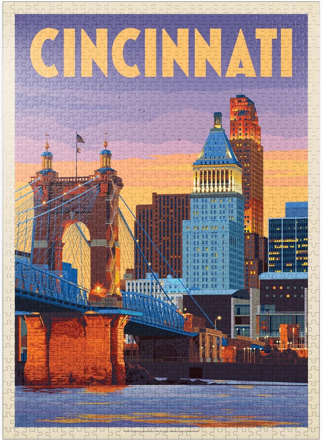 MyPuzzle Cincinnati, OH: Riverfront, Vintage Poster - Premium 1000 Piece Jigsaw Puzzle for Adults