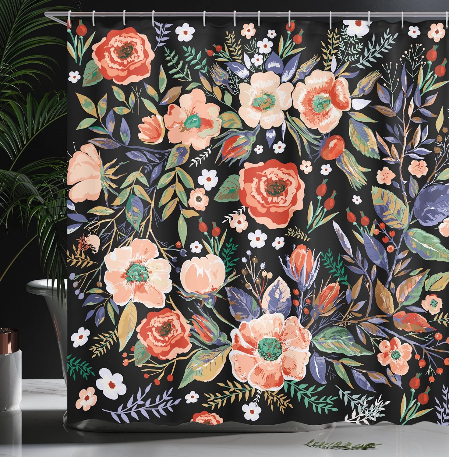 Ambesonne Floral Shower Curtain, Shabby Form Flowers Roses Petals Dots Leaves Buds Spring Season Theme Image Artwork, Cloth Fabric Bathroom Decor Set with Hooks, 69" W x 70" L, Black Salmon