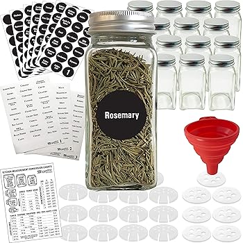 Talented Kitchen 14 Glass Spice Jars w/2 Types of Preprinted Spice Labels. Commercial Grade, Complete Set: 14 Square ...