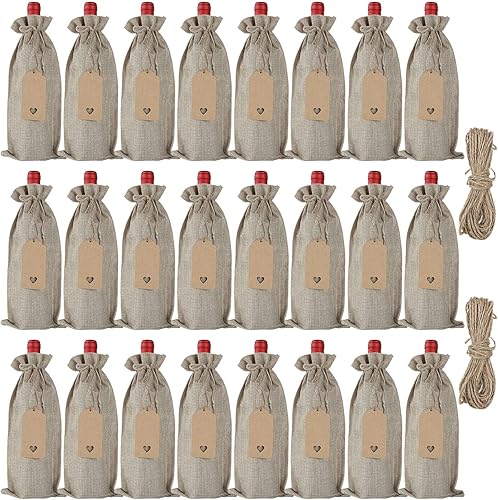 24 bolsas de vino de arpillera con cordón, bolsas de regalo de vino para botellas de vino, cubierta de botella de vino reutilizable con etiquetas en