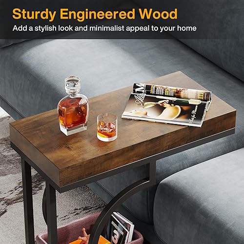 Miniatura 8 de Tribesigns Mesa auxiliar estrecha color marrón y negro en forma de C, mesas de noche modernas para sofá, mesas de sofá pequeñas con marco de metal