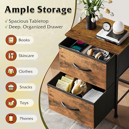 Miniatura 4 de WLIVE - Mesita de noche pequeña con 2 cajones y parte superior de madera, mesita de noche con contenedores de tela, mesa auxiliar para dormitorio,