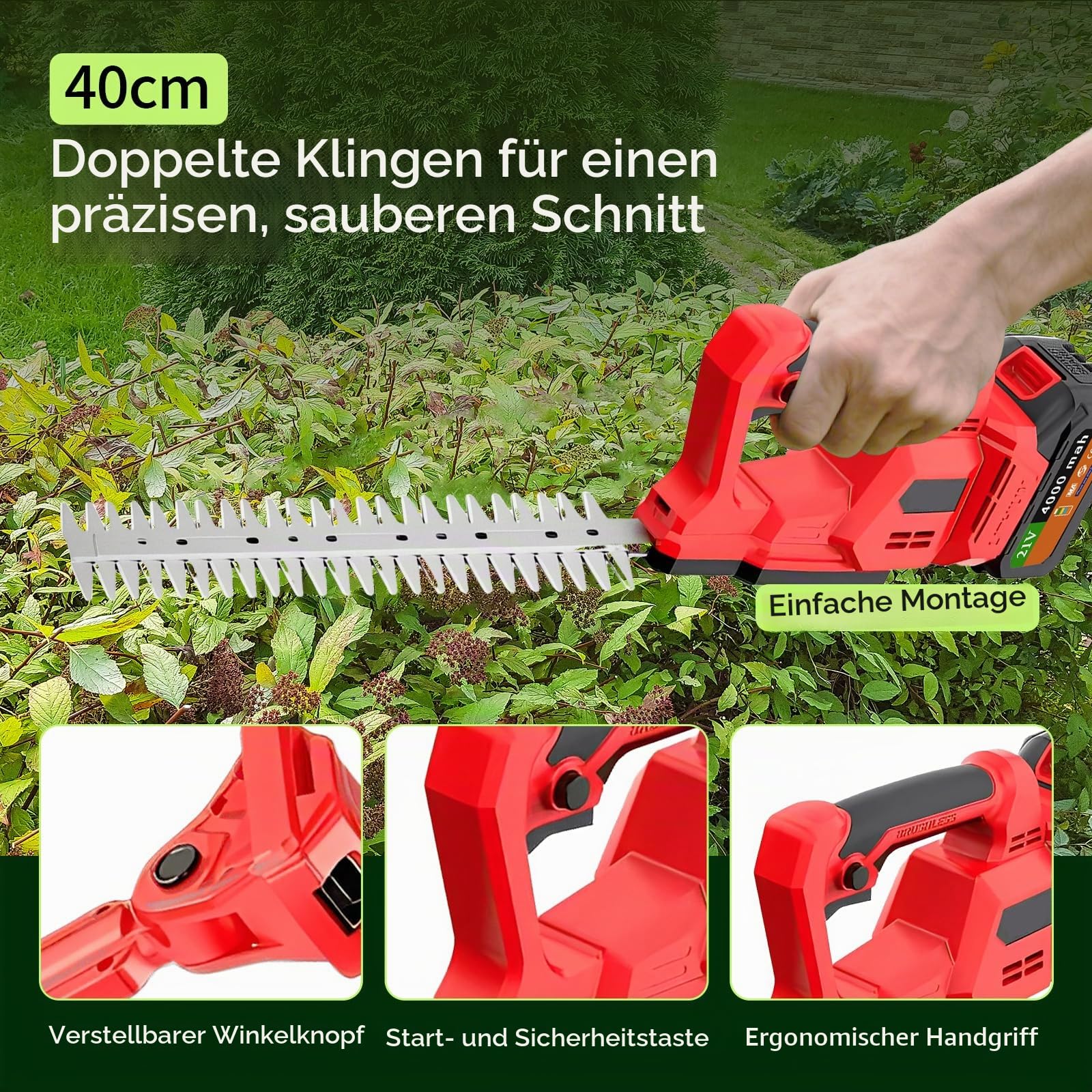 Akku Heckenschere & Astschere Teleskop mit 2x4000mAh Akkus
