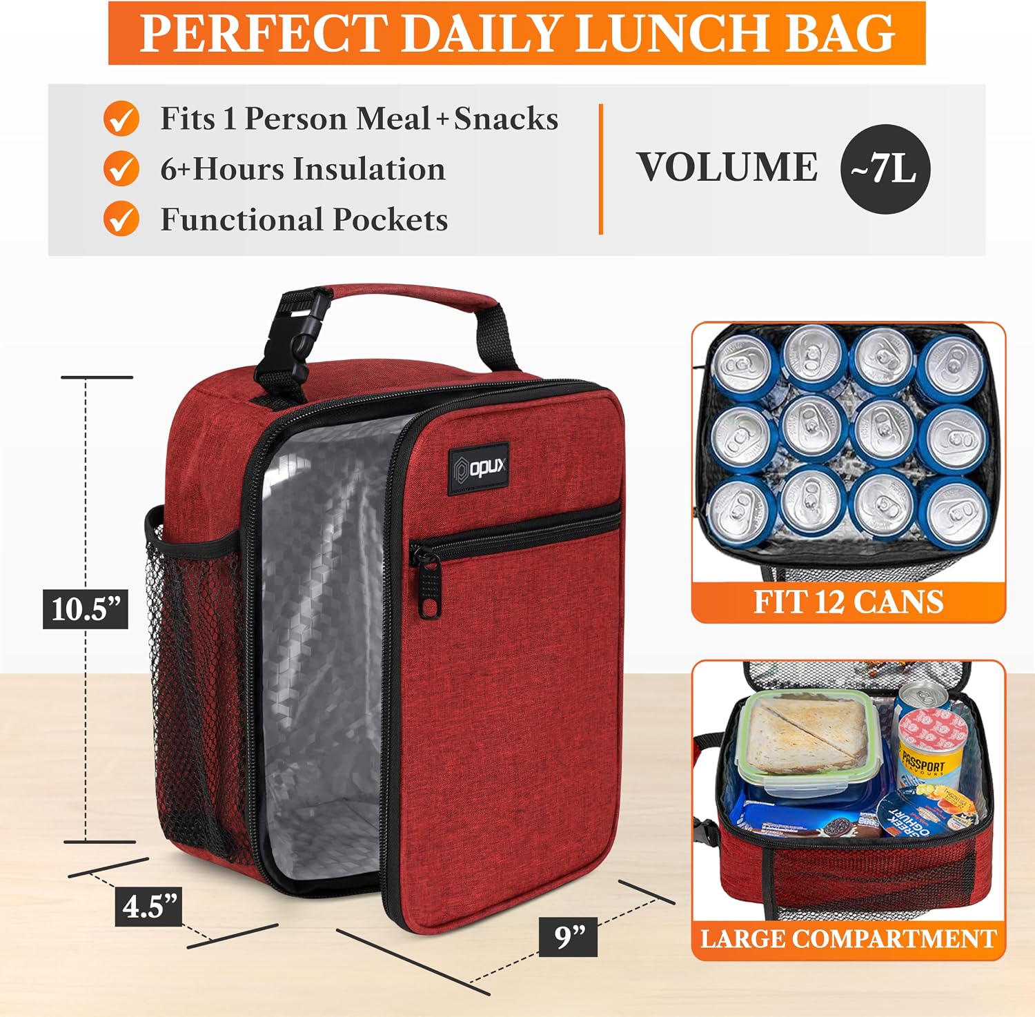 opux Insulated Lunch Box Kids & Adults, Leakproof Soft Cooler Bag, Red image 2