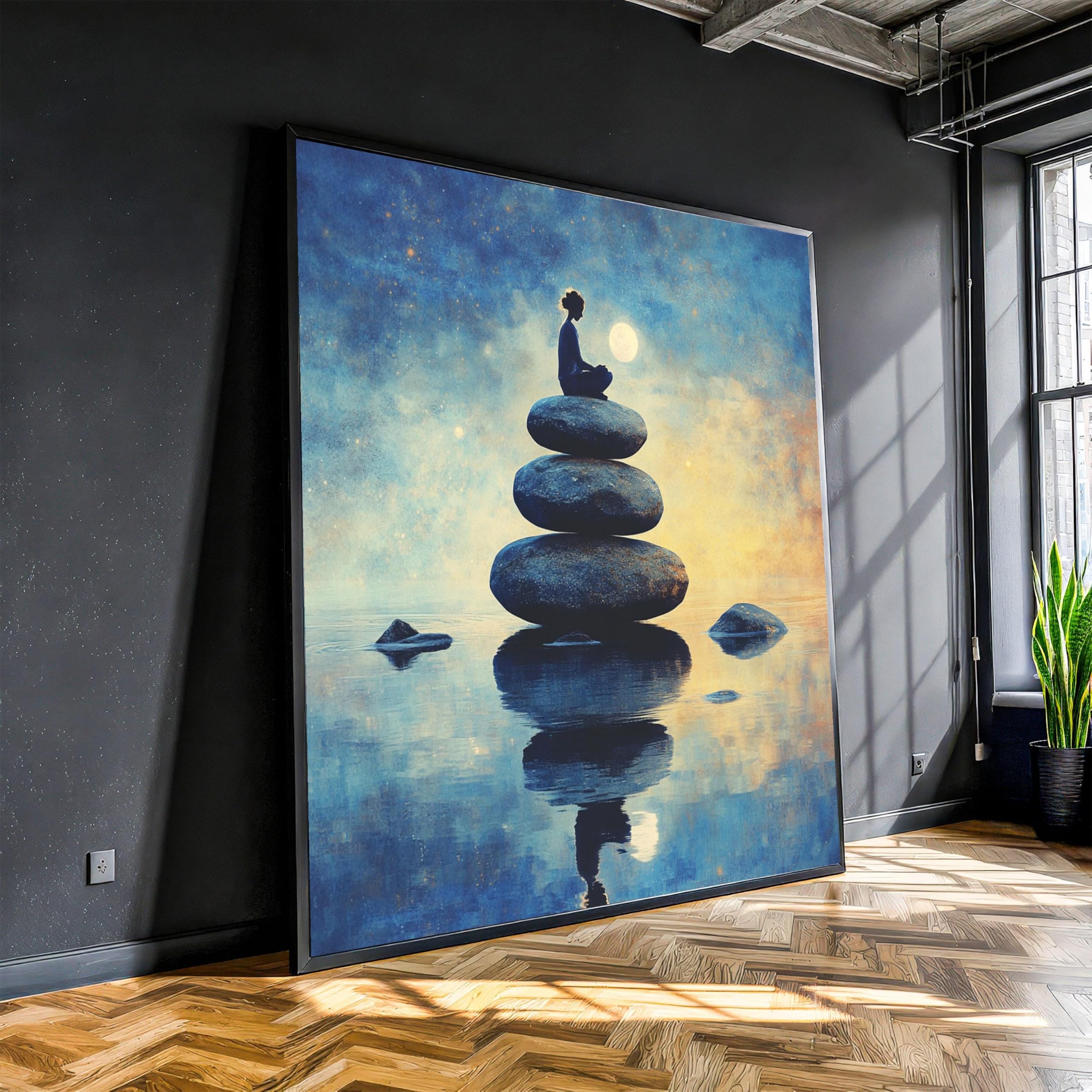 XBTYKPB Tranquil Meditation Scene, Balanced Stones Canvas, Spiritual Yoga Wall Art,Zen Reflection Artwork,Calm Waters Home Decor(55x55cm/Frameless)