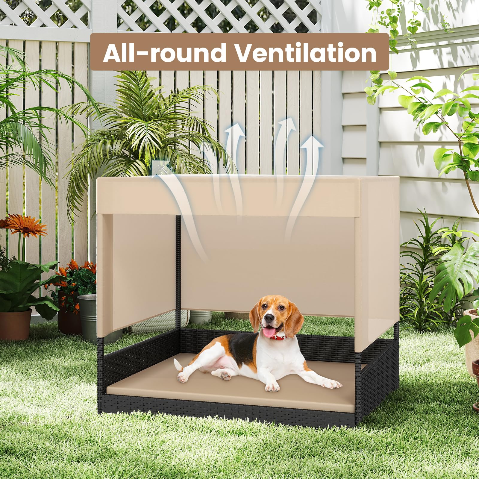 GYMAX Cuccia in vimini per cani di piccola e media taglia, divano letto rialzato in rattan con cuscino rimovibile, tetto a baldacchino e pavimento rialzato, riparo per cuccioli per interni ed esterni