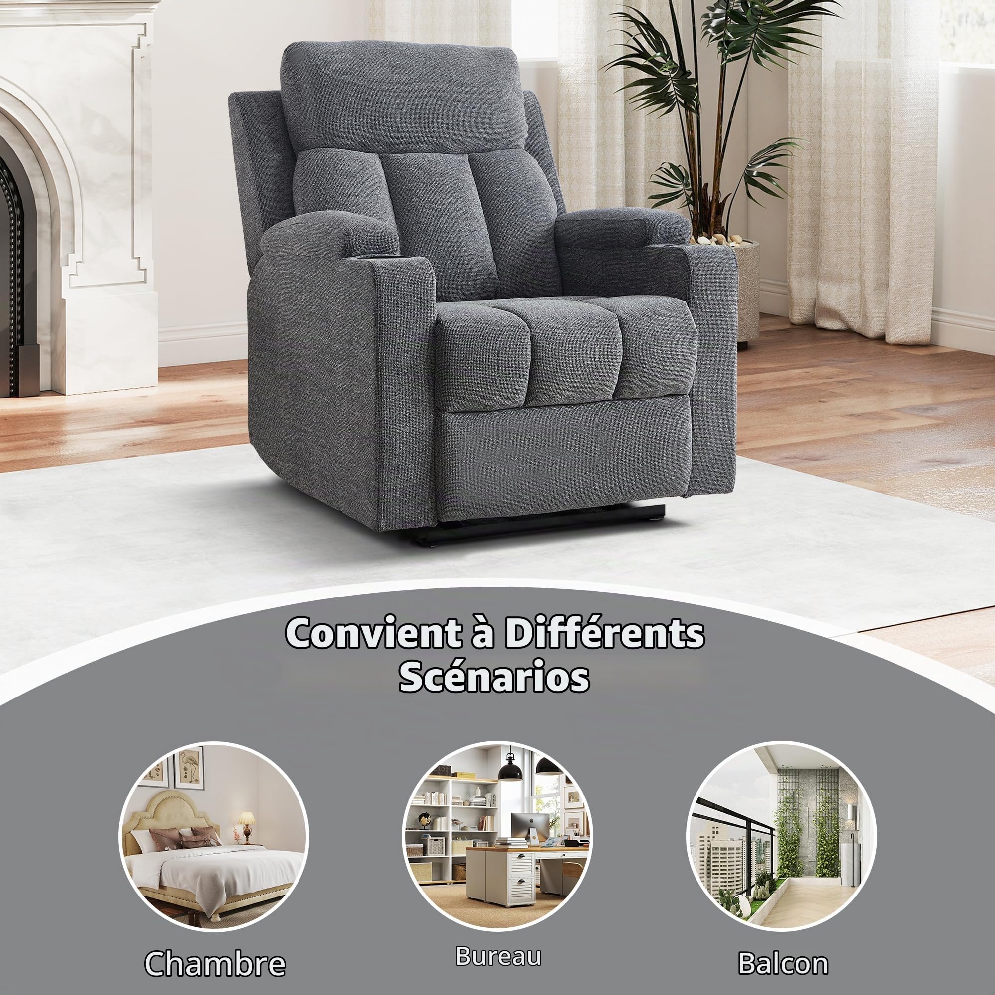 Simore Fauteuil de Relaxation Manuel Canapé télé avec Fonction allongement et Porte-gobelet, Fauteuil télé avec Repose-Pieds, Capacité de Charge Jusqu’à 150 kg, pour Salon, Gris foncé