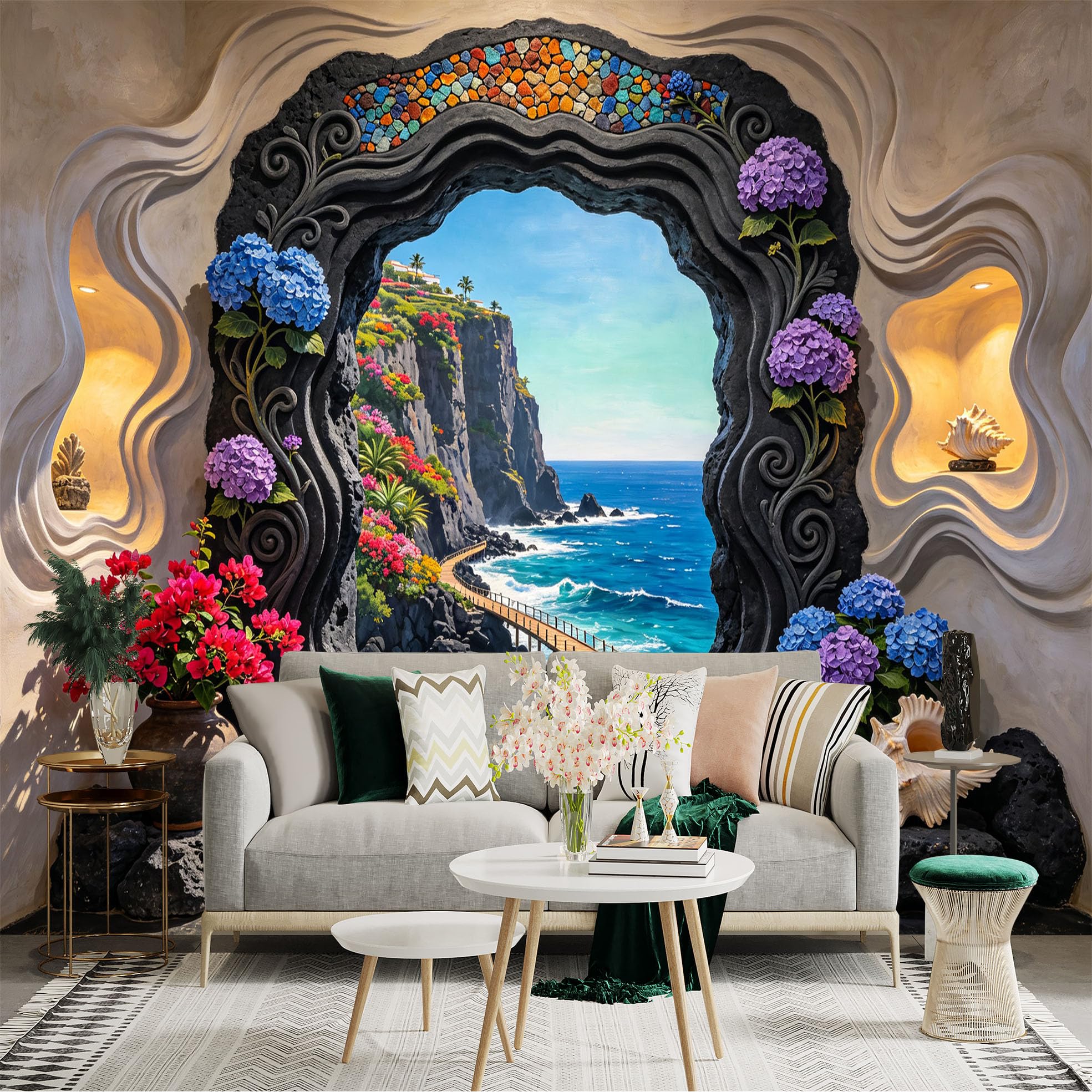 Custom Size Wall Sticker Mural， Coastal Cliff Ocean View with Floral Arch and Seaside Path， for wall Decoration， peelandstick wall Decals.