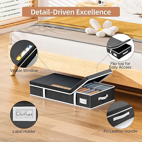 Miniatura 5 de Yecaye Paquete de 2 contenedores de almacenamiento debajo de la cama, cajones de almacenamiento grandes debajo de la cama con tapa, contenedores