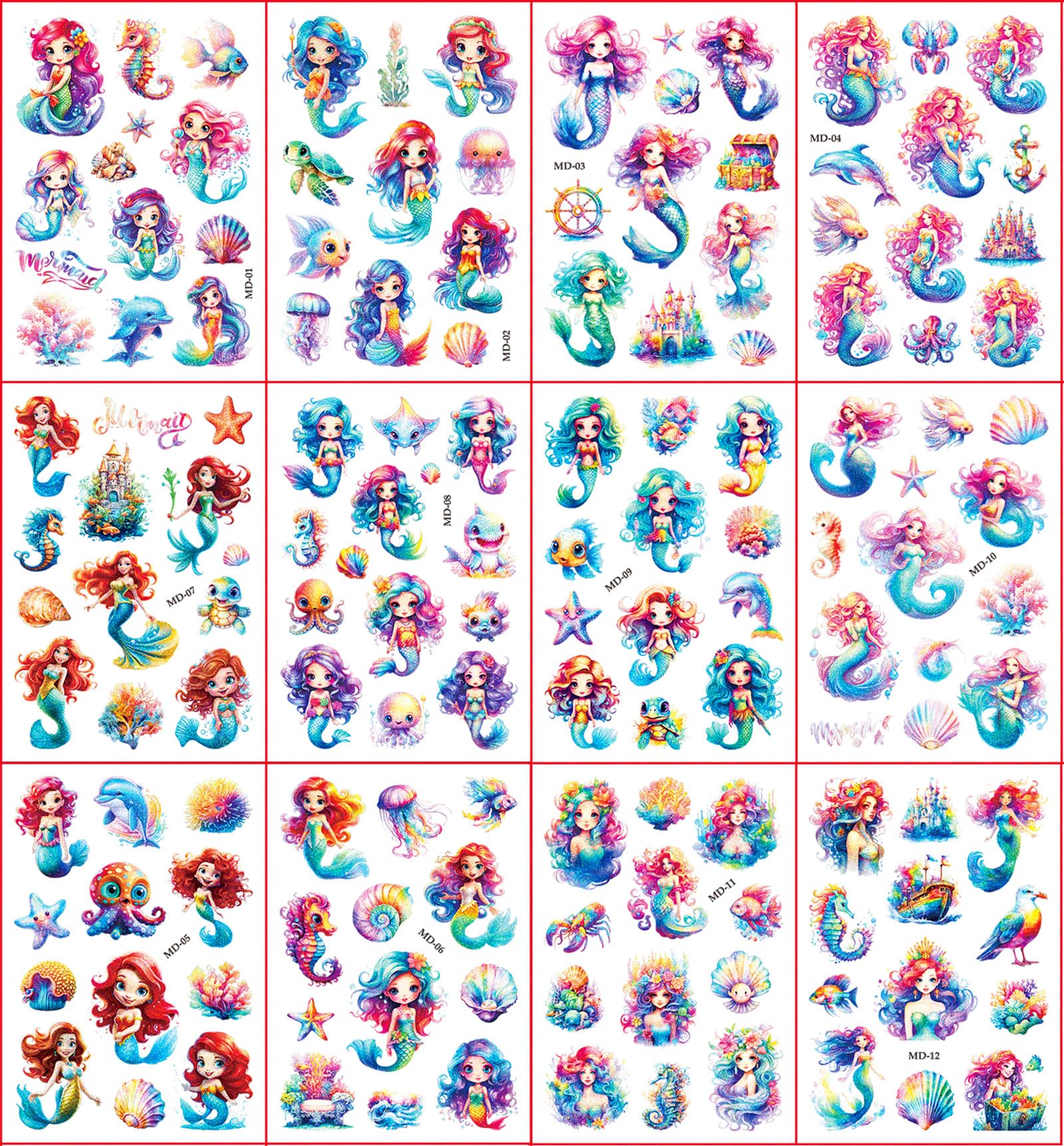 Mermaid Glitter Tattoo for Kid 12 Sheets Mermaids Temporary Tattoos for Kids Party Decorations, Party Bags Fillers Gifts - Image 2
