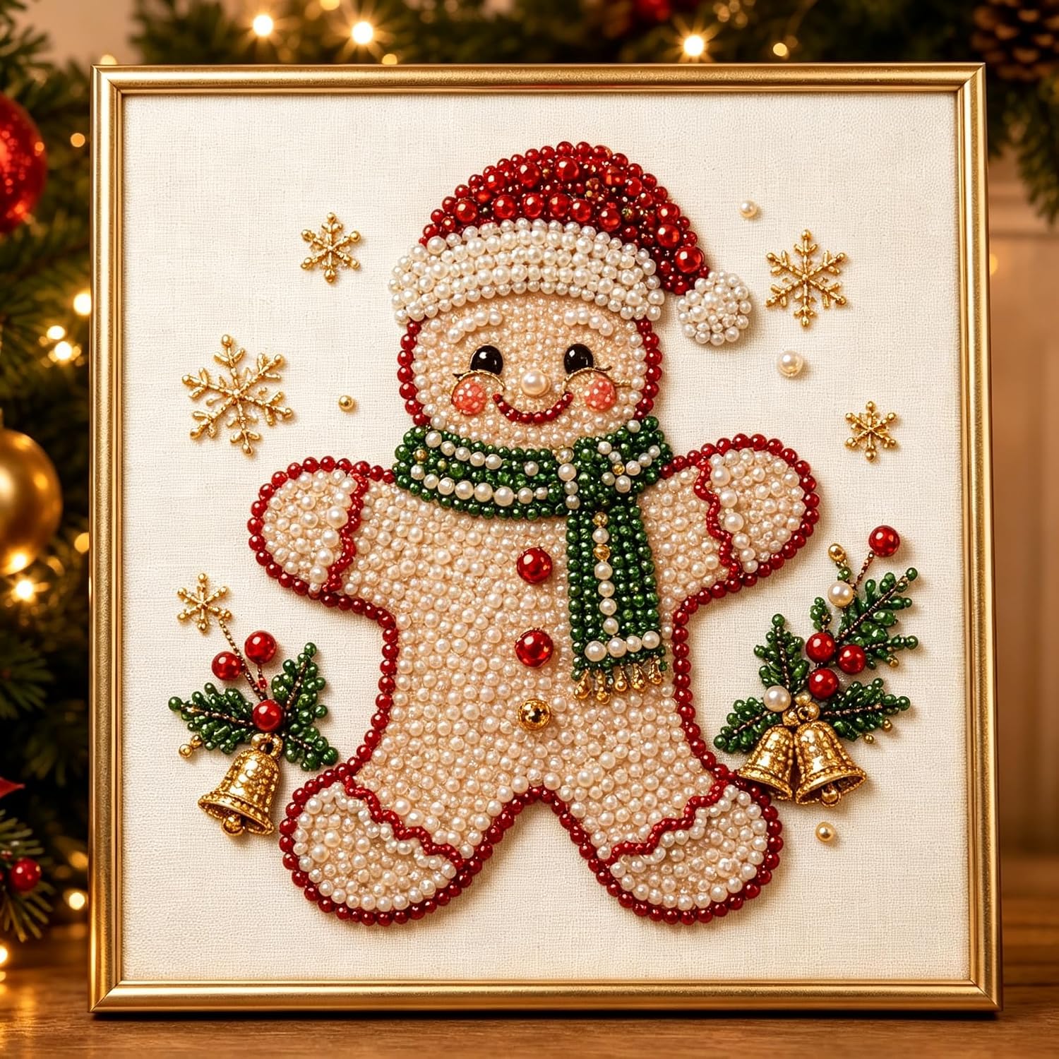 DIY Christmas Pearl Diamond Painting Art Kit with Frame 11.8X11.8IN Xmas Gemstone Pearl Beads Craft for Tabletop Mounting Wall Home Decor, Relaxing & Beginner-Friendly Adults (Gingerbread Man)