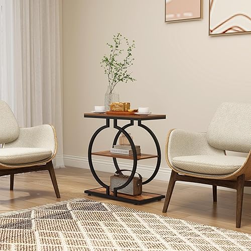 Miniatura 2 de GiftGo Mesa auxiliar estrecha con base geométrica en forma de O, mesa auxiliar industrial vintage para sala de estar, mesita de noche delgada para