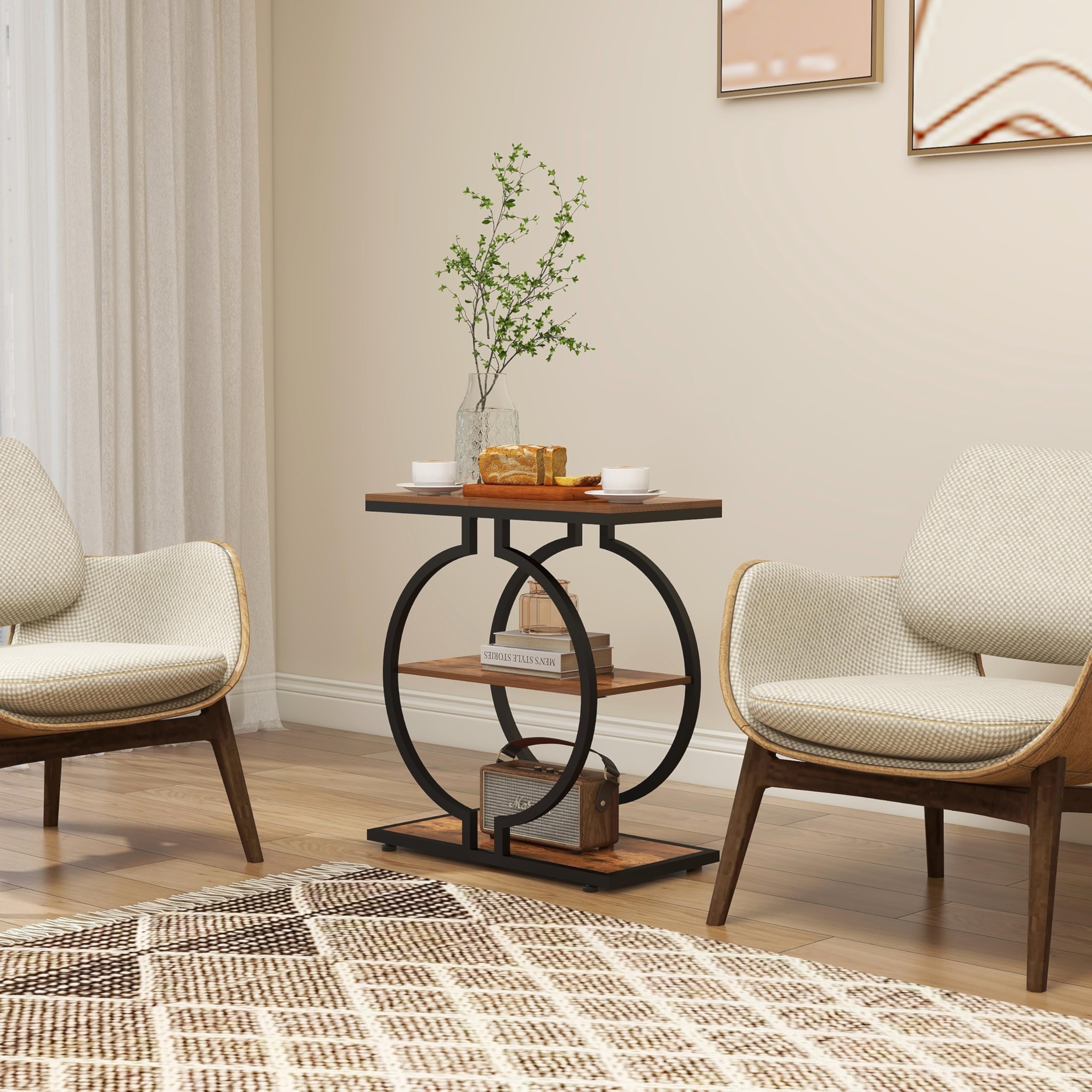 Trironsun Mesa auxiliar estrecha con 3 niveles, mesa redonda para sofá con estructura en forma de O, pequeña mesa industrial para salón dormitorio (marrón rústico)