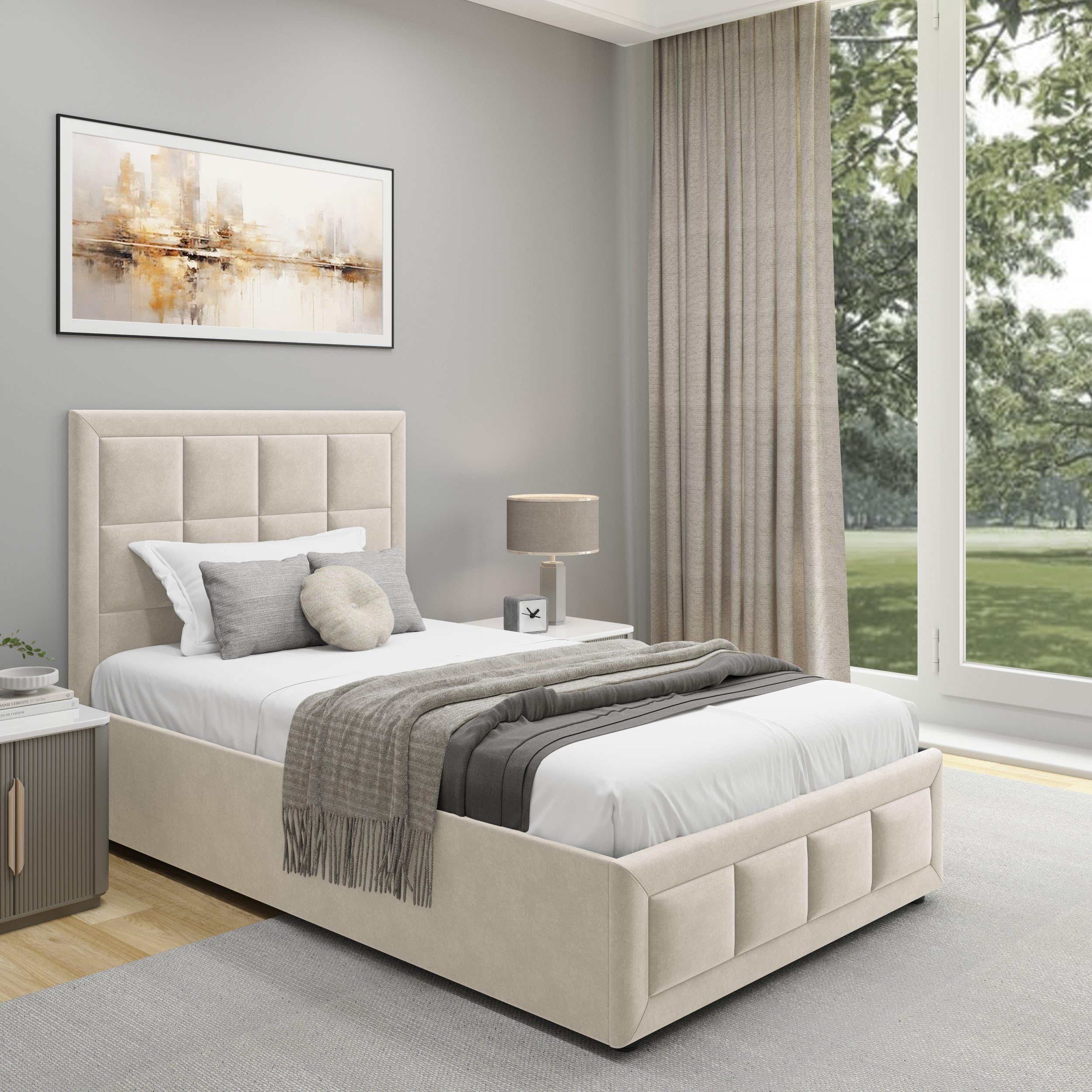Blisswood Upholstered Ottoman Bed, 3ft Single Bed Frame UKFR Velvet Fabric Ottoman Storage Bed with Gas Lift End Opening Wooden Slats with Storage Bed (3ft Single, No Mattress)